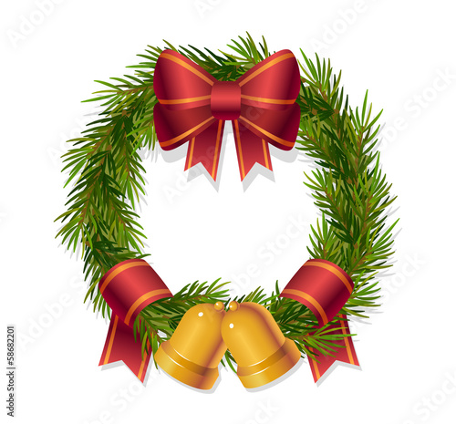 Christmas wreath with red ribbon and bells - Illustration
