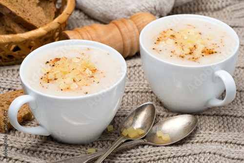 cream soup of cauliflower with cheese and pepper in a cups