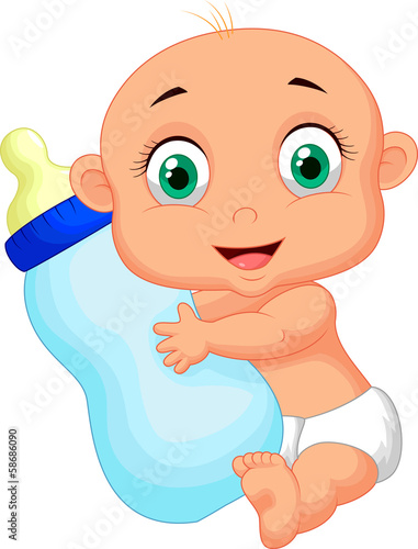 Cute baby holding milk bottle