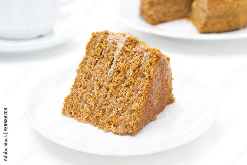 piece of honey cake on a white plate, horizontal piece of honey cake on a white plate, horizontal