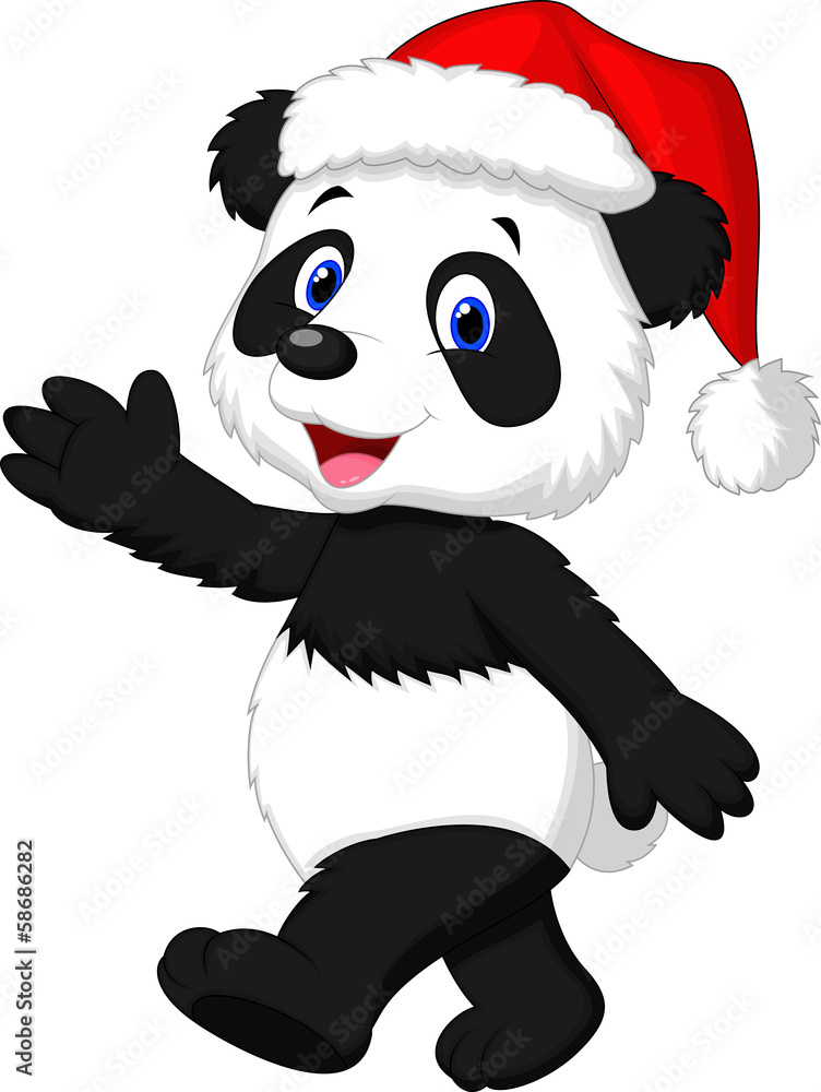 Obraz premium Śliczna panda w czerwonym kapeluszu macha ręką