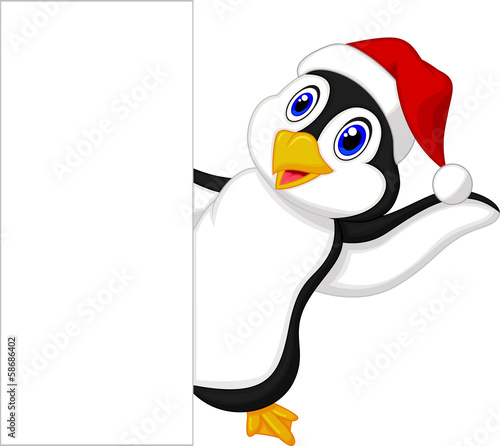 Cute penguin cartoon with red hat waving