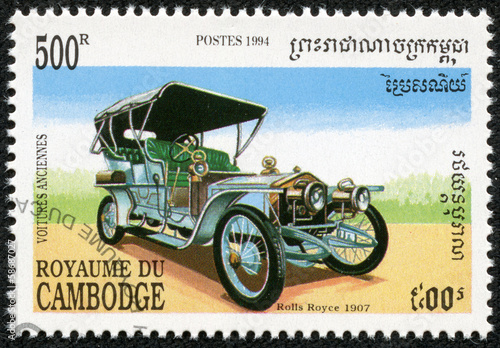 stamp printed in Cambodia shows retro car