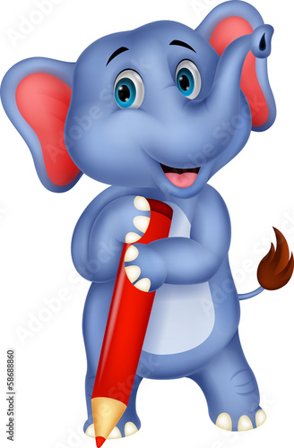 Cute elephant cartoon holding red pencil