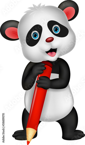 Fototapeta Naklejka Na Ścianę i Meble -  Cute panda bear cartoon holding red pencil