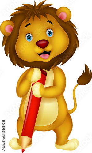 Fototapeta Naklejka Na Ścianę i Meble -  Cute lion cartoon holding red pencil