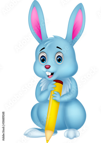 Cute rabbit cartoon holding yellow pencil