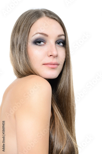 young beautiful woman portrait with long fair hair over white