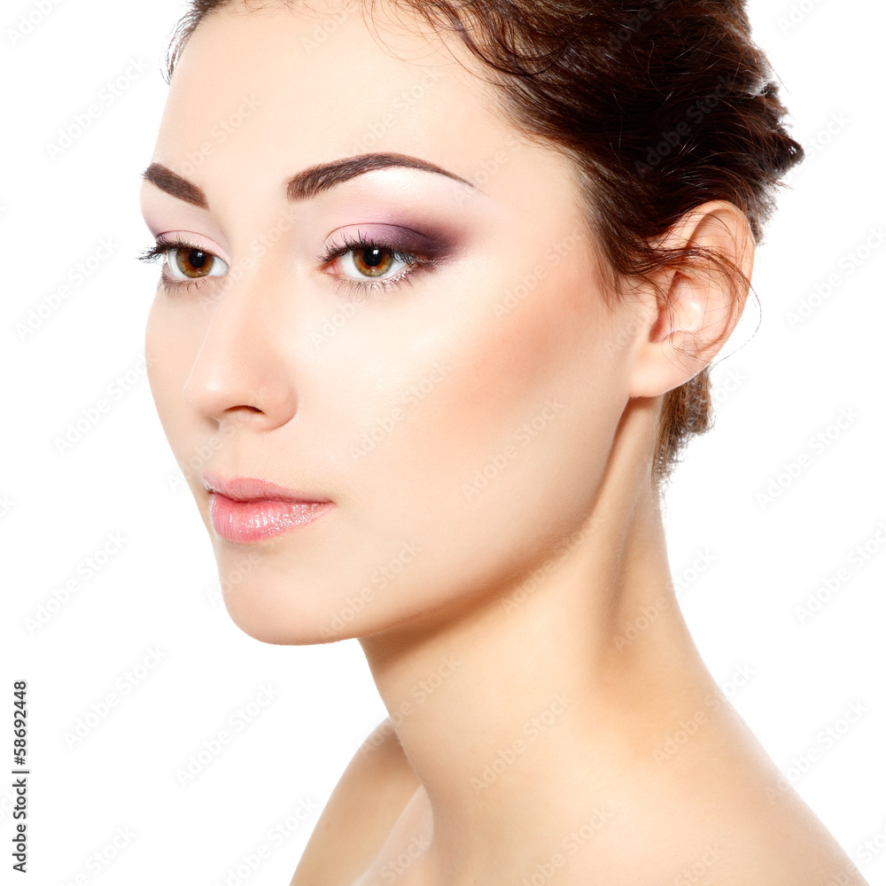 body care, young beautiful woman with clean skin over white