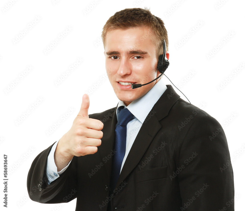 A male customer service consultant working, showing ok A male customer service consultant working, showing ok