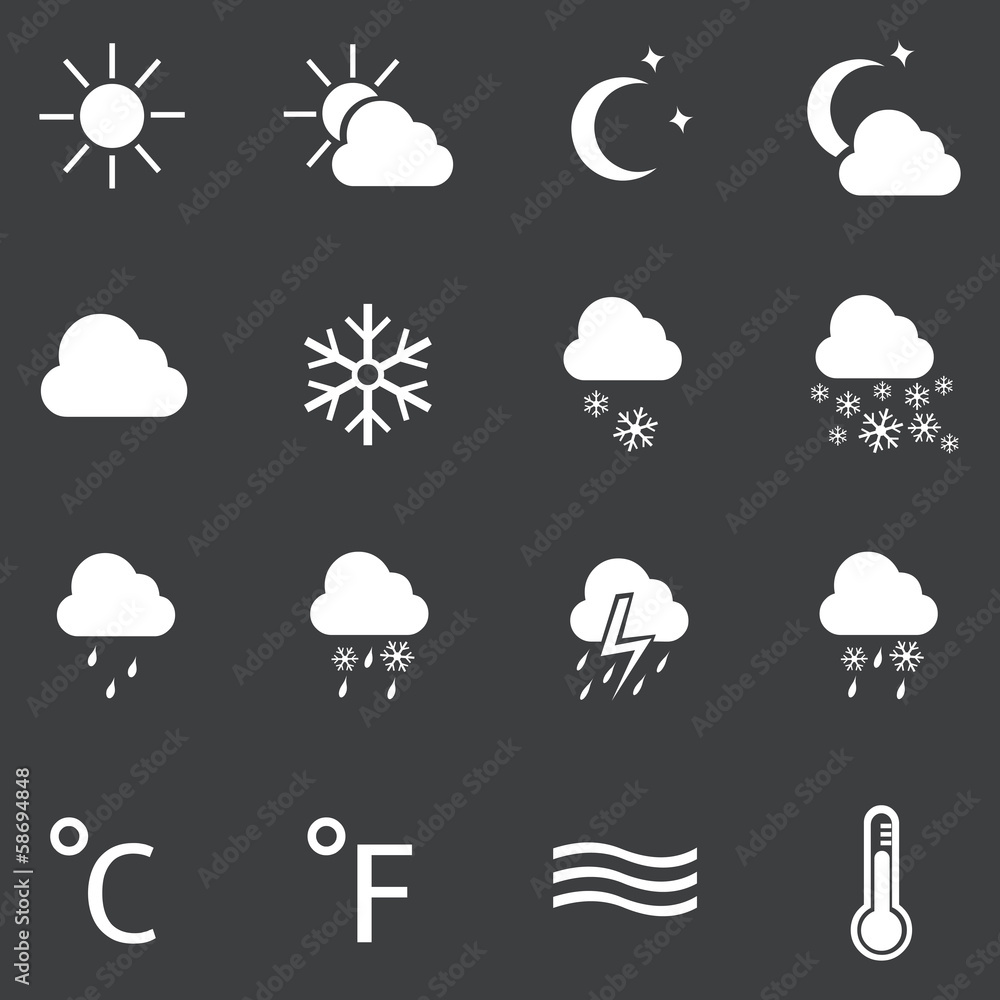 vector set of 16 white weather icons vector set of 16 white weather icons