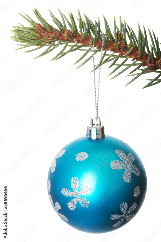 One separated christmas ball handing on a fir.