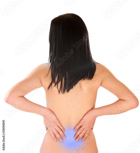 Woman massaging pain back, isolated on white background.