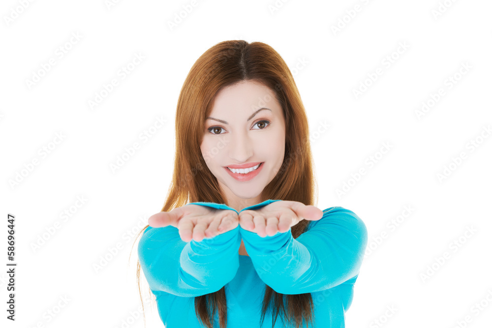 Attractive casual woman with hands in front. Attractive casual woman with hands in front.