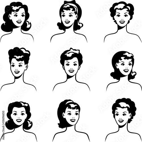 Collection of portraits beautiful pin up girls 1950s style.