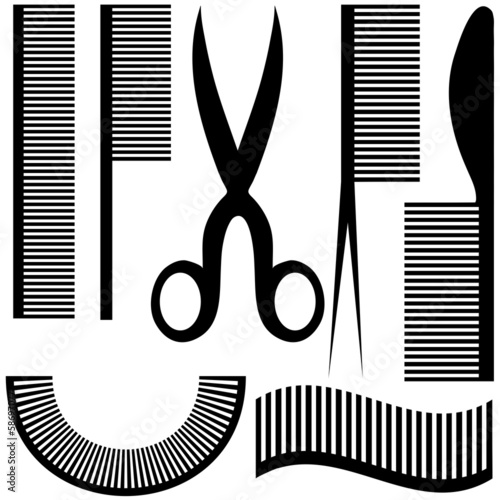 Hairdressing related objects silhouette set. Vector