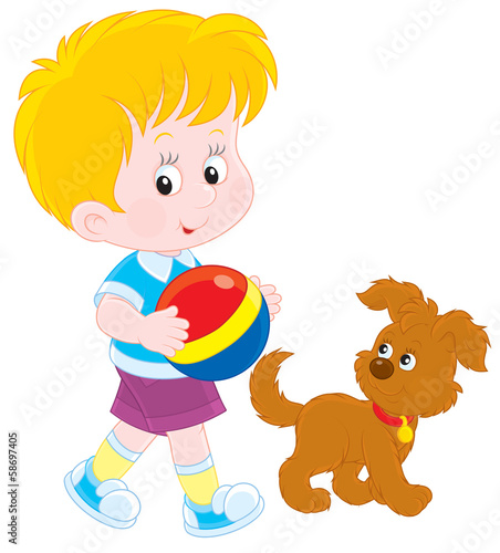 boy walking with his brown pup