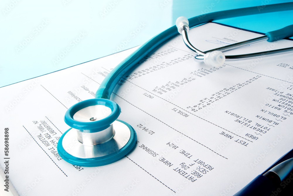 Blood test results in a clipboard with stethoscope Blood test results in a clipboard with stethoscope