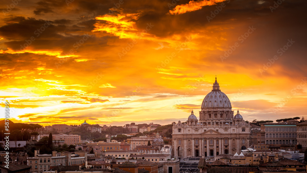 Basilica of St. Peter at sunset with the Vatican in the backgrou