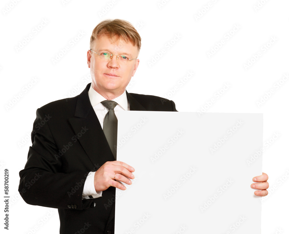 Businessman holding a banner ad isolated on white background. Businessman holding a banner ad isolated on white background.