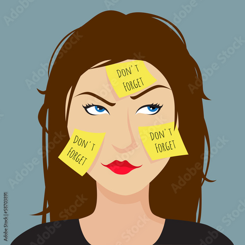 Girl forgetful stuck a yellow post it on face.