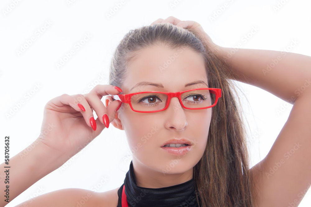 Portrait einer Frau mit roter Brille Portrait einer Frau mit roter Brille
