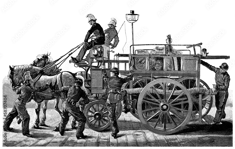 Fototapeta premium Fire Car & Fire Men - Pompiers - 19th century