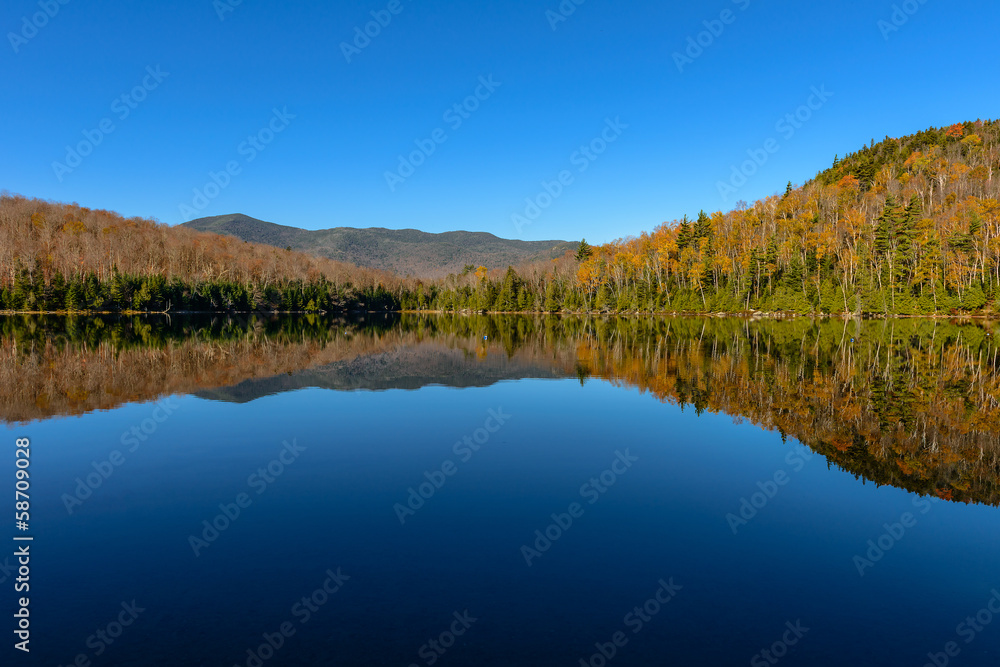 Lake Reflections of fall foliage. Colorful autumn leaves shed re