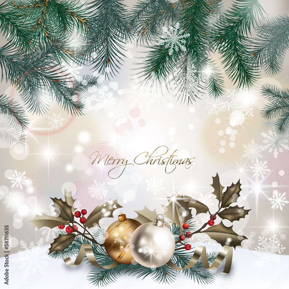 Carte de Noël : branches de sapin, boules, houx, bokeh