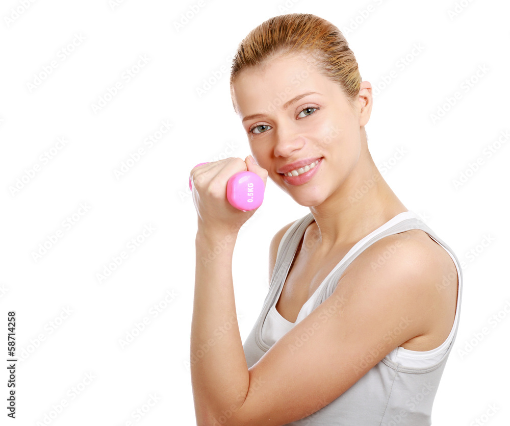 A young woman training,  isolated on white background