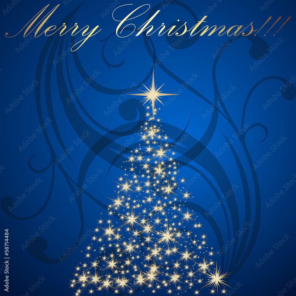 Gold Tree Over Blue-Merry Christmas Gold Tree Over Blue-Merry Christmas
