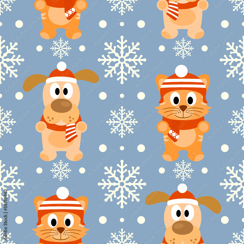 New Year seamless background with funny cat and dog New Year seamless background with funny cat and dog