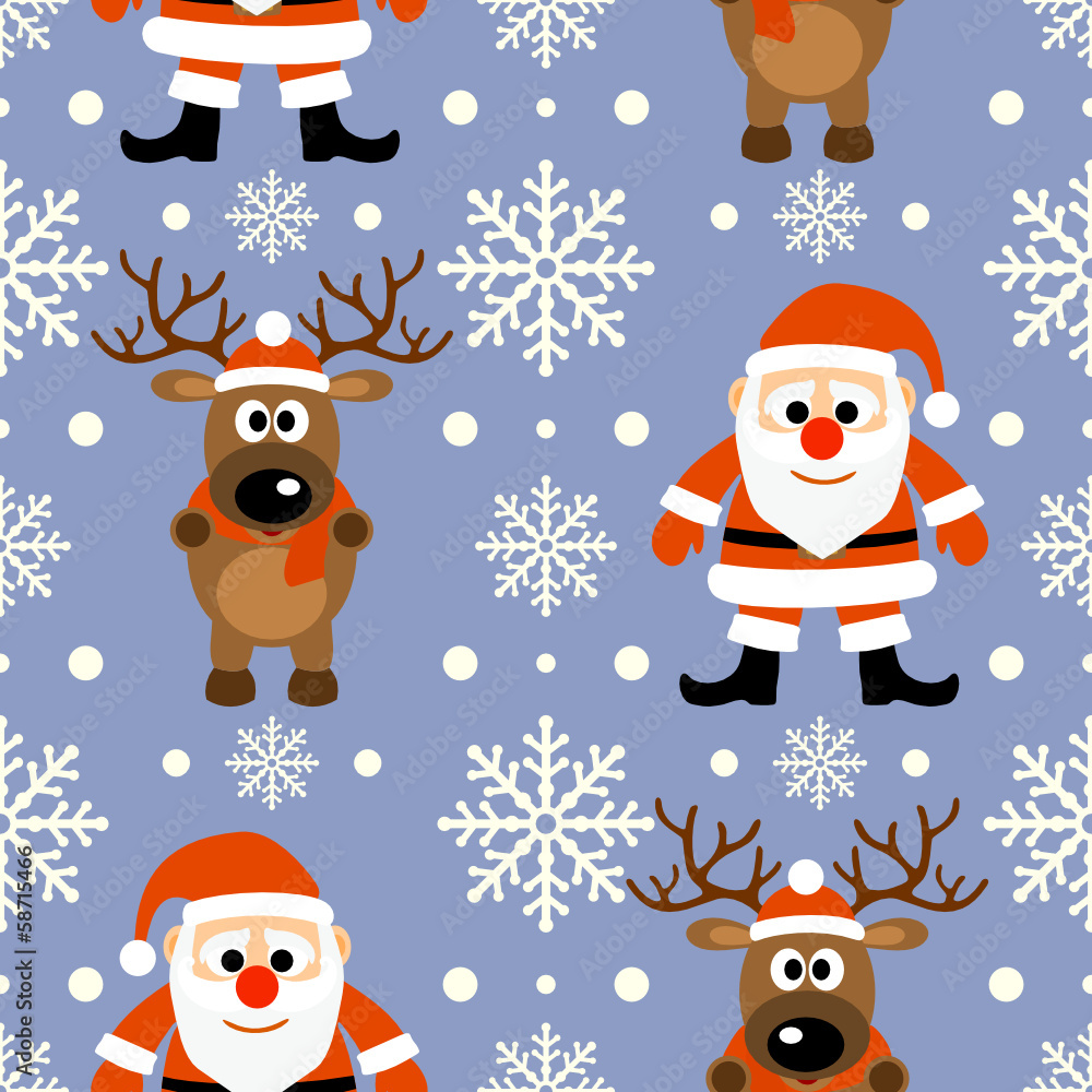 New Year seamless background with funny deer and Santa Claus