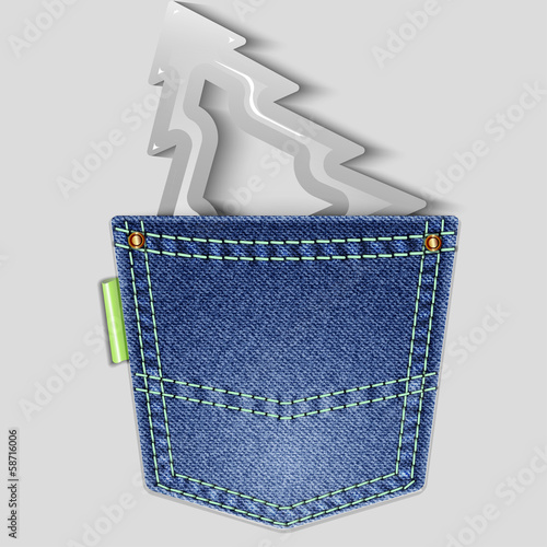 Denim Christmas background. Christmas tree in the back pocket