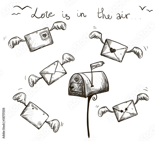 Winged letters, mailbox. St. Valentine's post.