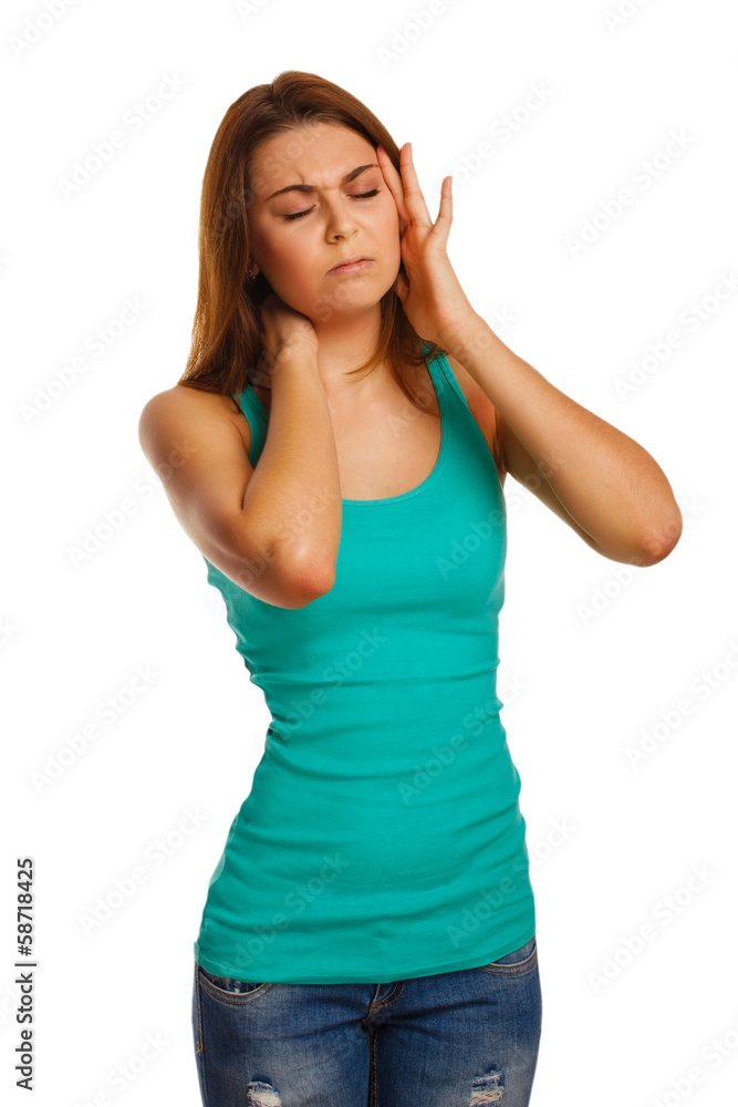 woman tired pain stress headache, his holding hands behind head, woman tired pain stress headache, his holding hands behind head,