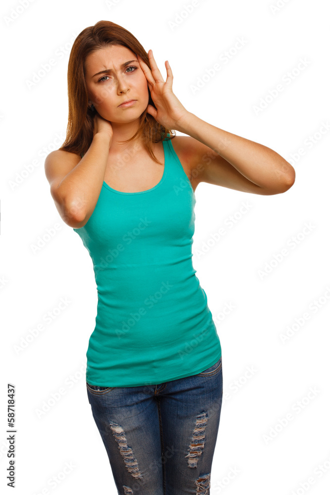 woman tired stress pain headache, holding his hands behind head, woman tired stress pain headache, holding his hands behind head,