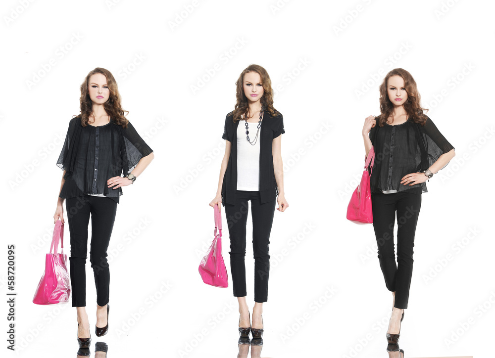 Fototapeta premium beautiful stylish three girl in jeans with bag walking-full body