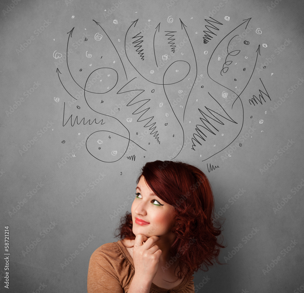 Young woman thinking with arrows over her head Young woman thinking with arrows over her head