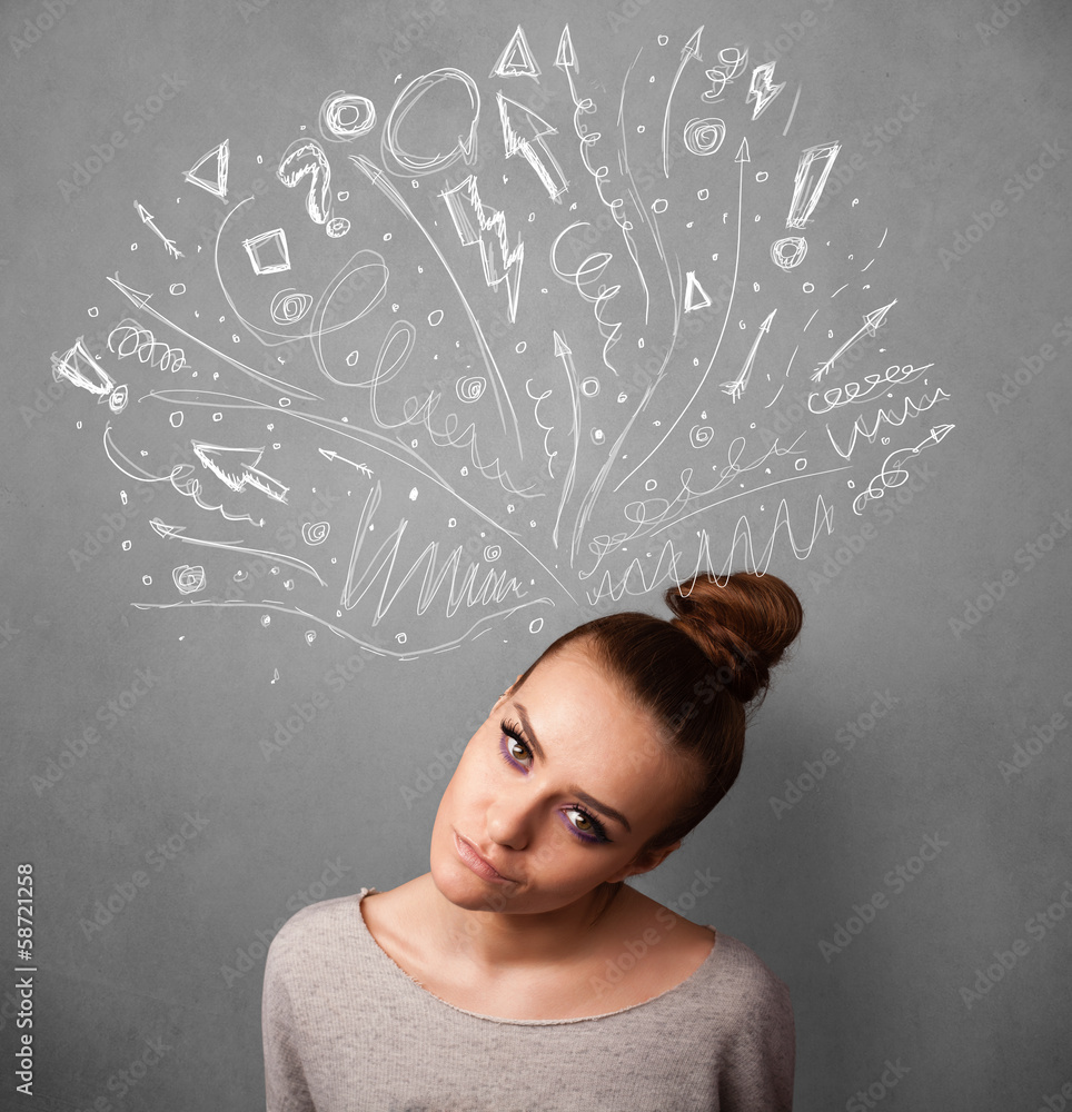 Young woman thinking with sketched arrows above her head Young woman thinking with sketched arrows above her head