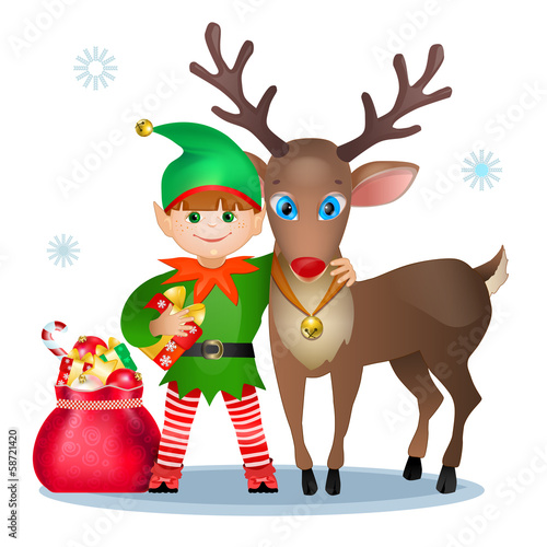 Funny elf and reindeer, christmas card
