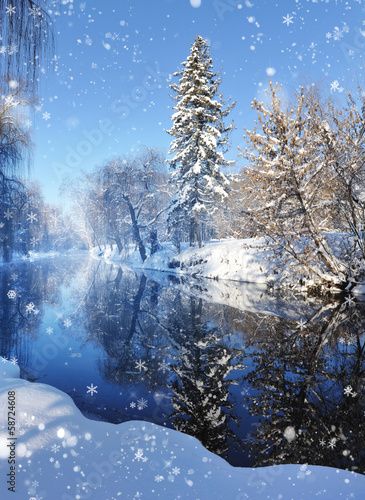 Winter landscape with the river in frosty day © nmelnychuk
