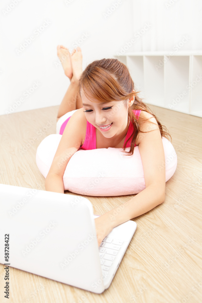 happy woman using computer