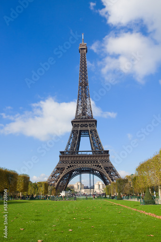 Eiffel Tower with green lawn  France
