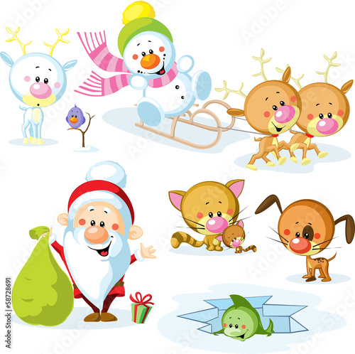 Santa Claus with snowman, cute Christmas animals