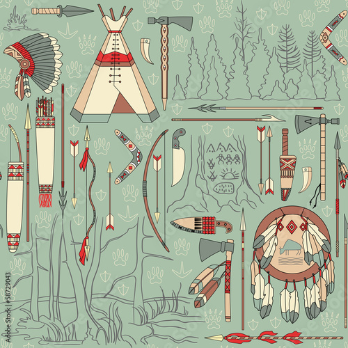 seamless Native American pattern with forest landscapes