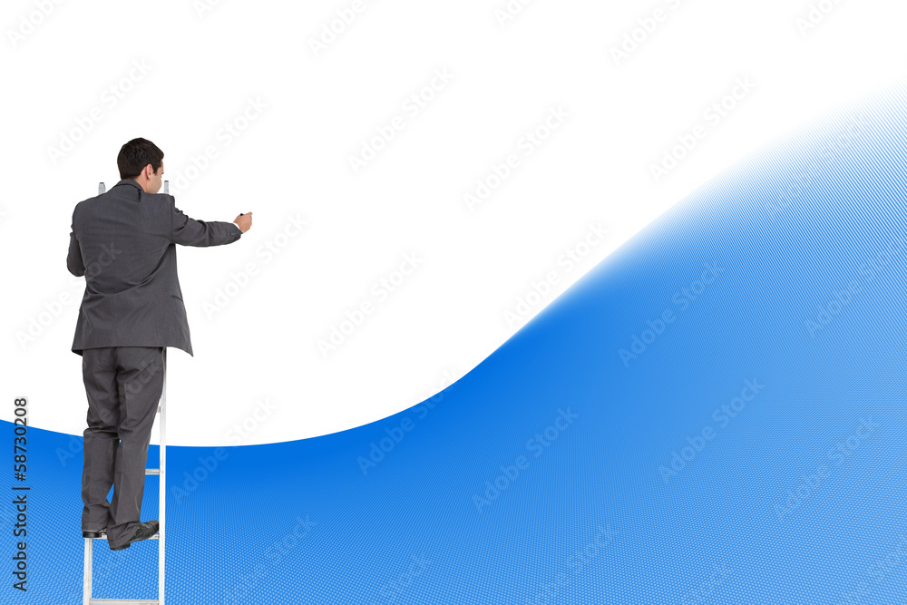 Composite image of businessman standing on ladder Composite image of businessman standing on ladder