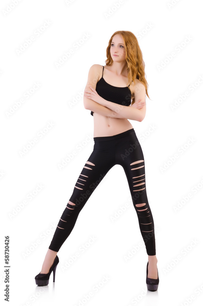 Fototapeta premium Girl with torn leggings on white