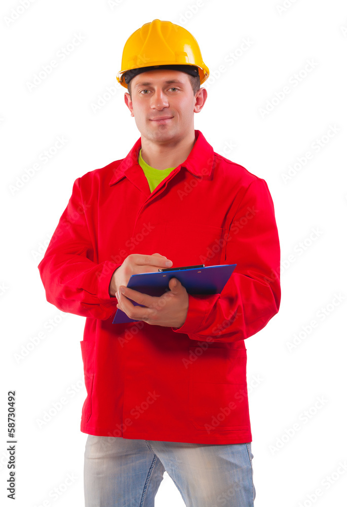 A construction supervisor writes on a clipboard. White backgroun A construction supervisor writes on a clipboard. White backgroun