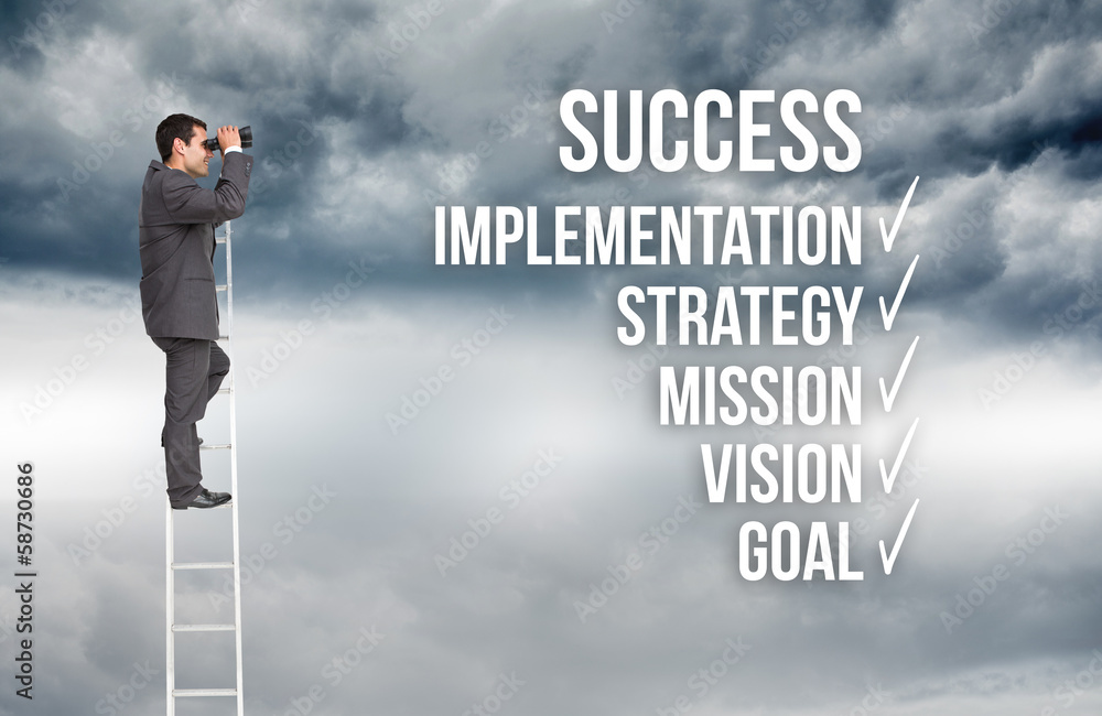 Composite image of businessman standing on ladder using binocula Composite image of businessman standing on ladder using binocula